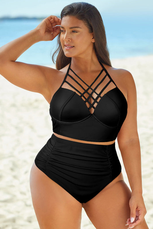 Full Size Halter Neck Crisscross Ruched Two-Piece Swimsuit