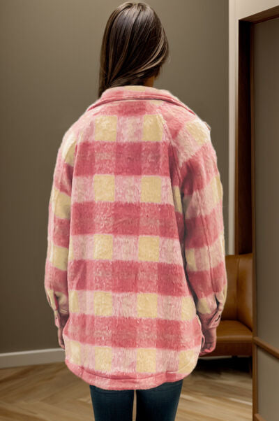 Pink and Peach Checkered Button Up Fuzzy Feel Collared Neck Jacket