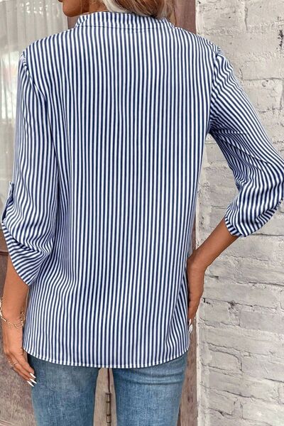 Striped Notched Roll-Tab Sleeve Shirt