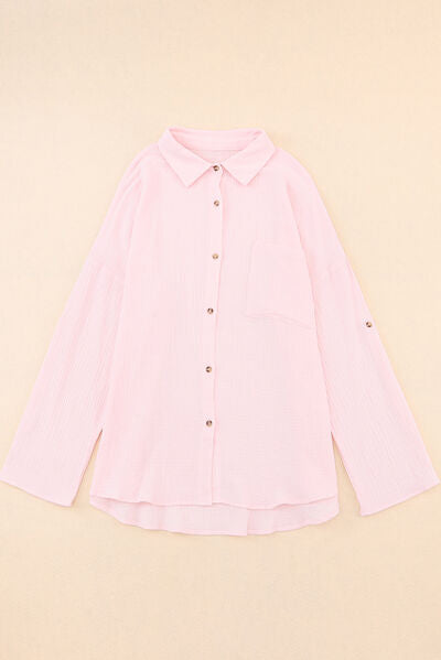 Pink Linen Look Pocketed Button Up Long Sleeve Shirt