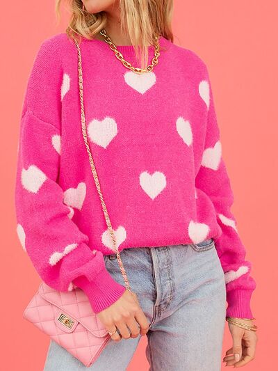 Pink Sweater with White Hearts Round Neck Dropped Shoulder Sweater