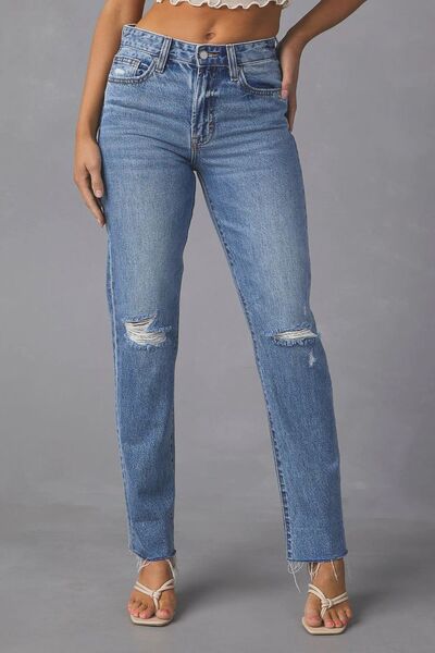 Distressed Raw Hem Straight Jeans with Pockets