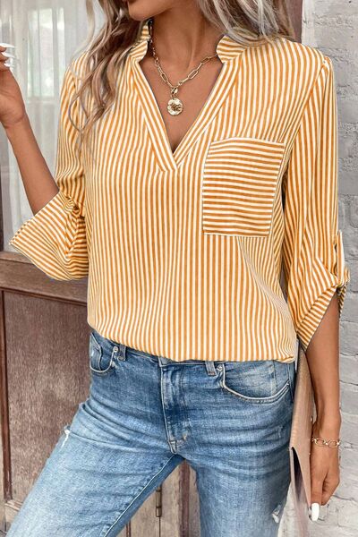 Striped Notched Roll-Tab Sleeve Shirt