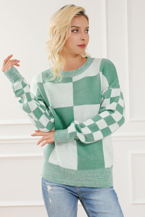 Checkered Drop Shoulder Green and White Long Sleeve Sweater