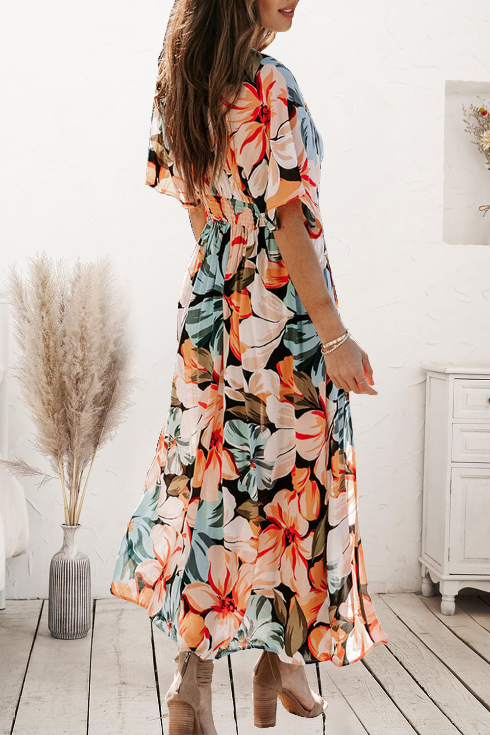 Plunge Printed Split Midi Dress