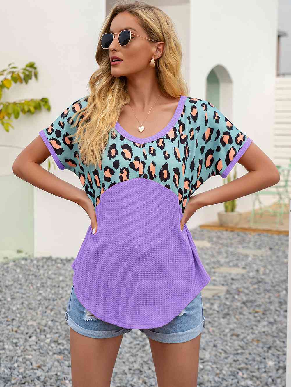 Leopard Waffle-Knit Short Sleeve Top