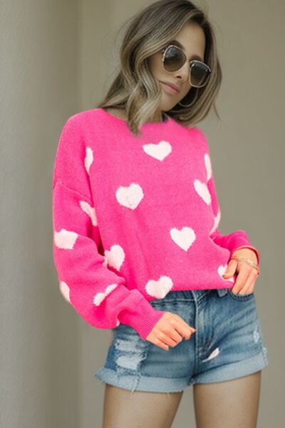 Pink Sweater with White Hearts Round Neck Dropped Shoulder Sweater