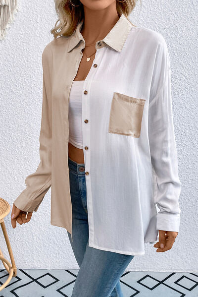 Pocketed Contrast Button Up Long Sleeve Shirt