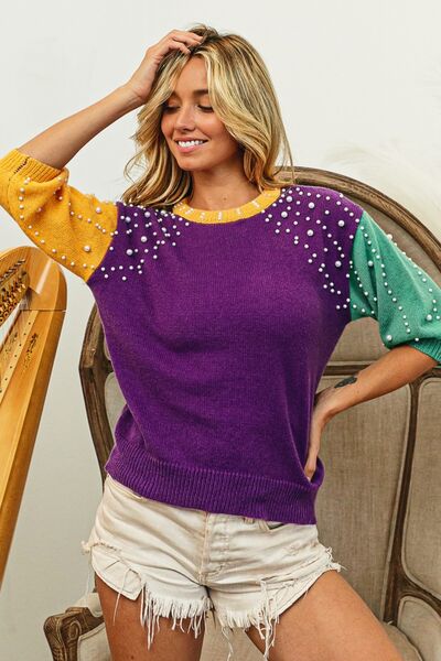 Mardi Gras Color Block Pearl Shoulder Puff Sleeve Sweater