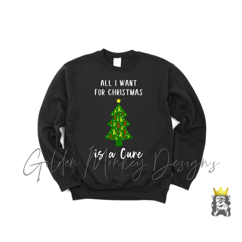 All I Want for Christmas is a Cure Sweatshirt | Christmas Cancer Ribbon Sweatshirt