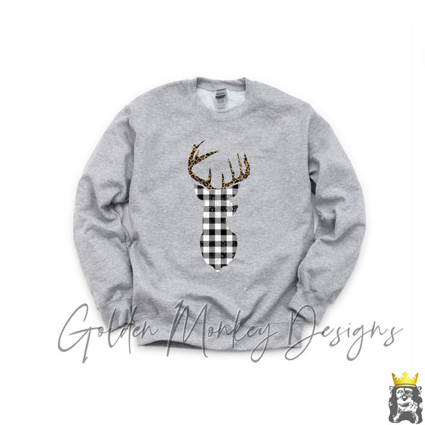 Black and White Buffalo Plaid Rudolf Deer with Leopard Antlers