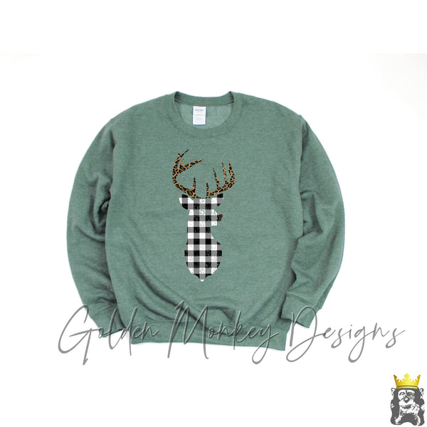 Black and White Buffalo Plaid Rudolf Deer with Leopard Antlers