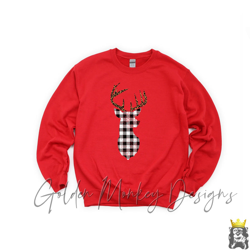 Black and White Buffalo Plaid Rudolf Deer with Leopard Antlers