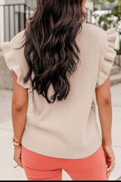 Cable-Knit Ruffled Sleeve Cream Mock Neck Sweater