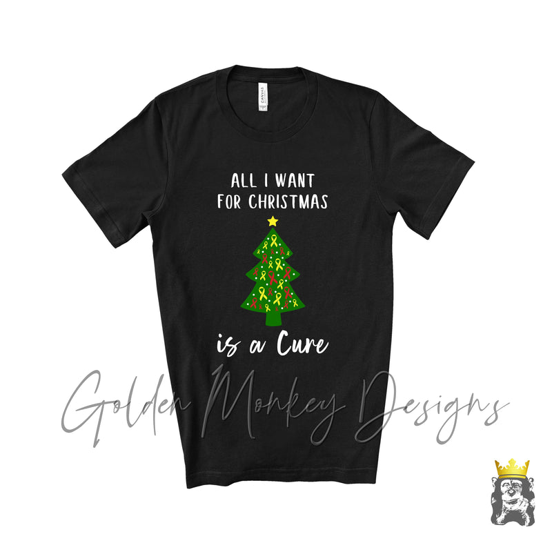 All I Want for Christmas is a Cure T-Shirt | Christmas Cancer Ribbon Shirt