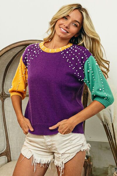 Mardi Gras Color Block Pearl Shoulder Puff Sleeve Sweater