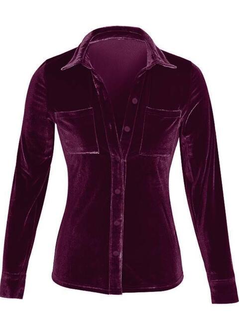 Button Up Collared Velvet Style Shirt with Breast Pockets