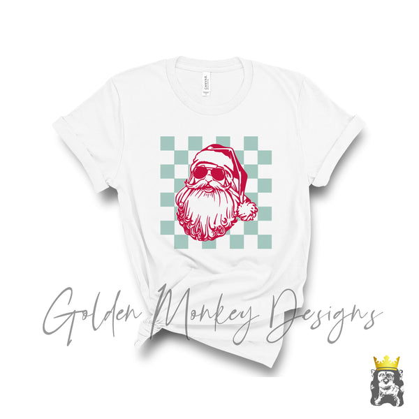 Santa With Glasses on Retro Grid Christmas T-Shirt
